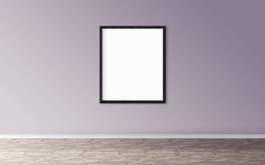 Duvarında çerçeve olan beyaz boş bir poster. Tasarım önizlemeniz için boş maket. Sunum için iyi kullanım.