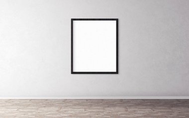 Duvarında çerçeve olan beyaz boş bir poster. Tasarım önizlemeniz için boş maket. Sunum için iyi kullanım.