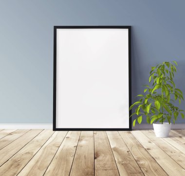 Yerde duran siyah ahşap çerçeveli beyaz dikey poster. Tasarım için şablon.