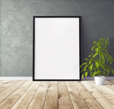 Yerde duran siyah ahşap çerçeveli beyaz dikey poster. Tasarım için şablon.