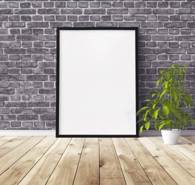 Yerde duran siyah ahşap çerçeveli beyaz dikey poster. Tasarım için şablon.