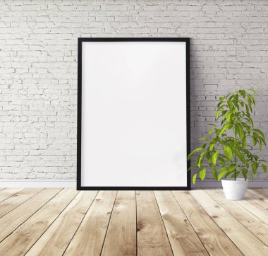 Yerde duran siyah ahşap çerçeveli beyaz dikey poster. Tasarım için şablon.