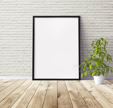 Yerde duran siyah ahşap çerçeveli beyaz dikey poster. Tasarım için şablon.