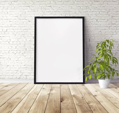 Yerde duran siyah ahşap çerçeveli beyaz dikey poster. Tasarım için şablon.
