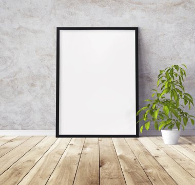 Yerde duran siyah ahşap çerçeveli beyaz dikey poster. Tasarım için şablon.
