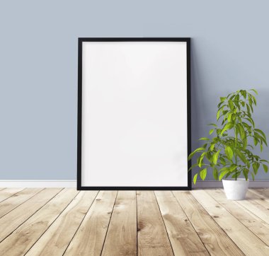 Yerde duran siyah ahşap çerçeveli beyaz dikey poster. Tasarım için şablon.
