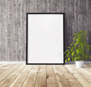 Yerde duran siyah ahşap çerçeveli beyaz dikey poster. Tasarım için şablon.