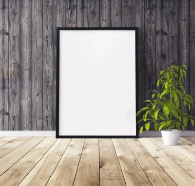 Yerde duran siyah ahşap çerçeveli beyaz dikey poster. Tasarım için şablon.