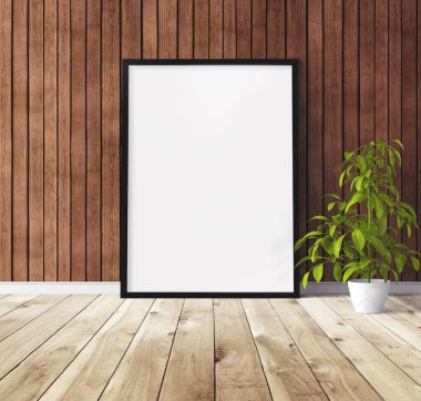 Yerde duran siyah ahşap çerçeveli beyaz dikey poster. Tasarım için şablon.