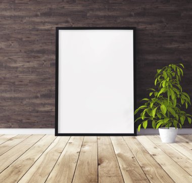 Yerde duran siyah ahşap çerçeveli beyaz dikey poster. Tasarım için şablon.