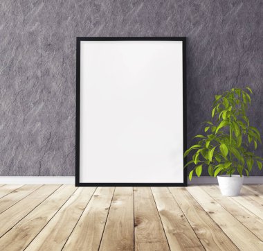 Yerde duran siyah ahşap çerçeveli beyaz dikey poster. Tasarım için şablon.