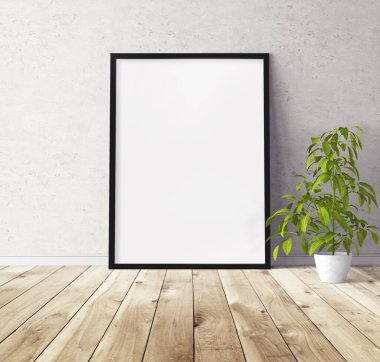 Yerde duran siyah ahşap çerçeveli beyaz dikey poster. Tasarım için şablon.