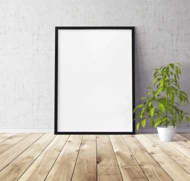 Üzerinde çerçeve olan beyaz boş poster. Tasarım önizlemesi için model şablonu.