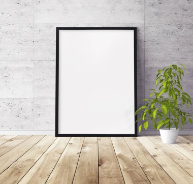Yerde duran siyah ahşap çerçeveli beyaz dikey poster. Tasarım için şablon.