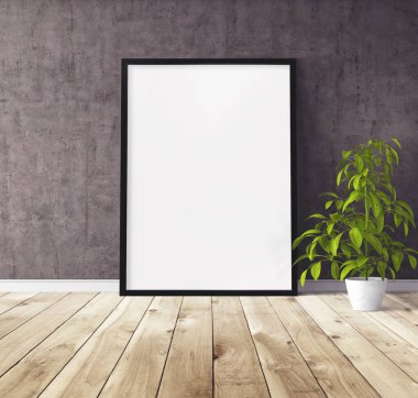 Yerde duran siyah ahşap çerçeveli beyaz dikey poster. Tasarım için şablon.