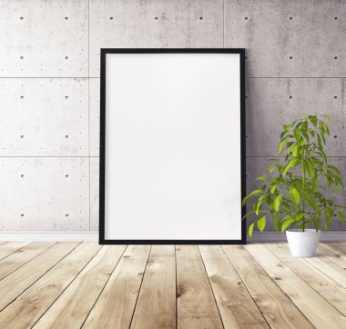 Yerde duran siyah ahşap çerçeveli beyaz dikey poster. Tasarım için şablon.