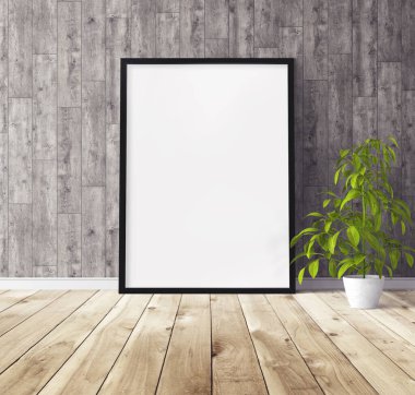 Yerde duran siyah ahşap çerçeveli beyaz dikey poster. Tasarım için şablon.