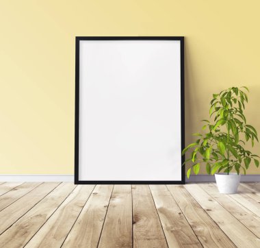 Yerde duran siyah ahşap çerçeveli beyaz dikey poster. Tasarım için şablon.