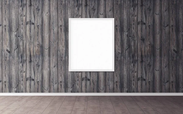 Duvarında beyaz çerçeve olan beyaz boş poster. Tasarım önizlemeniz için boş maket. Sunum için iyi kullanım.