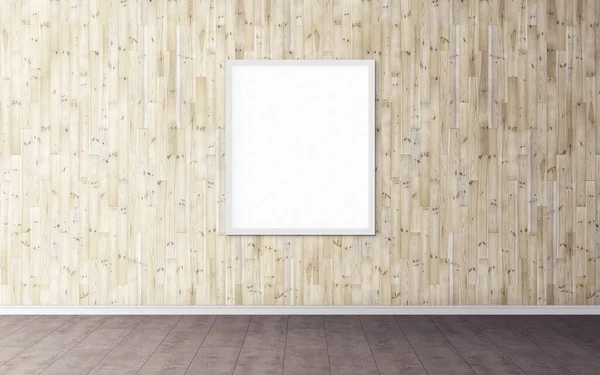 Duvarında beyaz çerçeve olan beyaz boş poster. Tasarım önizlemeniz için boş maket. Sunum için iyi kullanım.