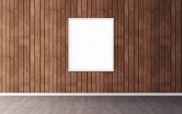 Duvarında beyaz çerçeve olan beyaz boş poster. Tasarım önizlemeniz için boş maket. Sunum için iyi kullanım.