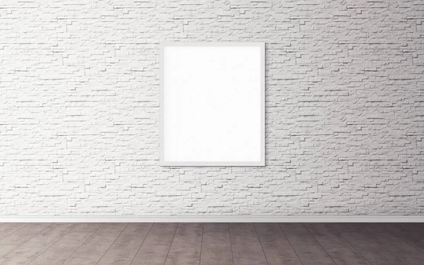 Duvarında beyaz çerçeve olan beyaz boş poster. Tasarım önizlemeniz için boş maket. Sunum için iyi kullanım.