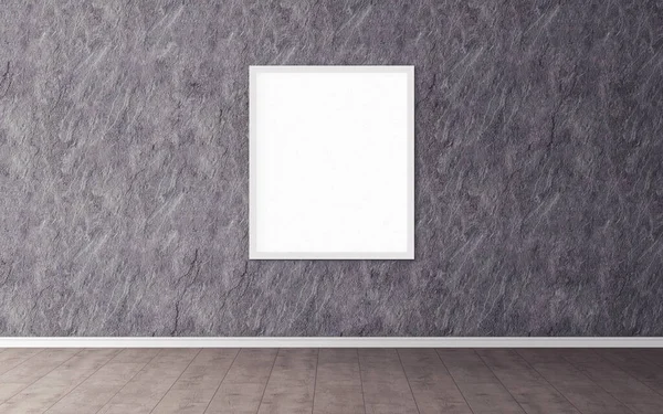Duvarında beyaz çerçeve olan beyaz boş poster. Tasarım önizlemeniz için boş maket. Sunum için iyi kullanım.