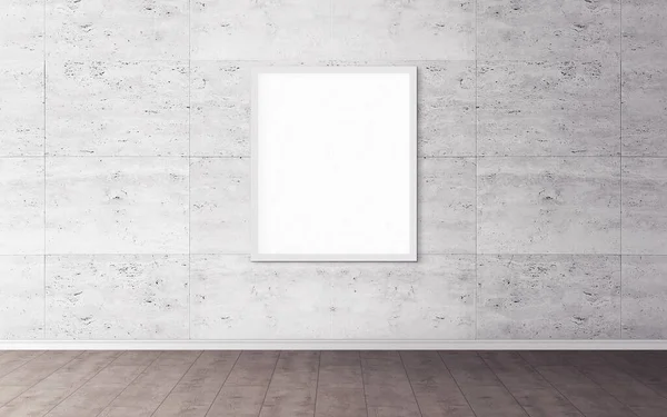 Duvarında beyaz çerçeve olan beyaz boş poster. Tasarım önizlemeniz için boş maket. Sunum için iyi kullanım.