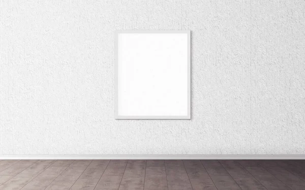 Duvarında beyaz çerçeve olan beyaz boş poster. Tasarım önizlemeniz için boş maket. Sunum için iyi kullanım.