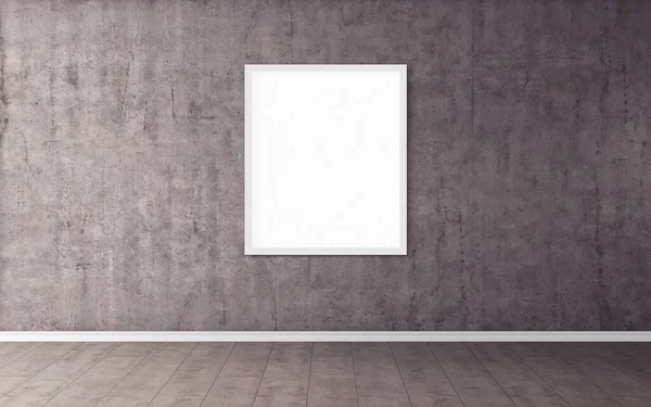 Duvarında beyaz çerçeve olan beyaz boş poster. Tasarım önizlemeniz için boş maket. Sunum için iyi kullanım.