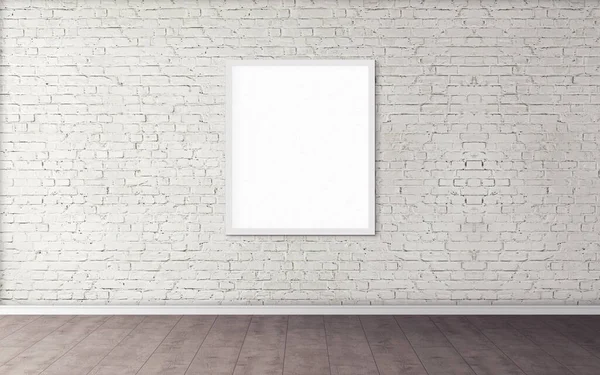 Duvarında beyaz çerçeve olan beyaz boş poster. Tasarım önizlemeniz için boş maket. Sunum için iyi kullanım.