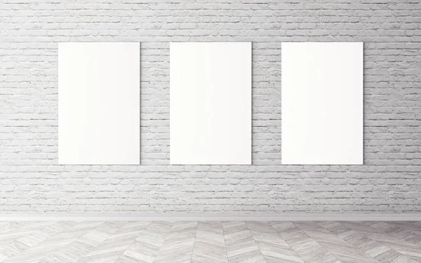Duvardaki boş beyaz tuvaller. Tasarım önizlemeniz için bir model. Reklam malzemeleri için iyi bir kullanım.