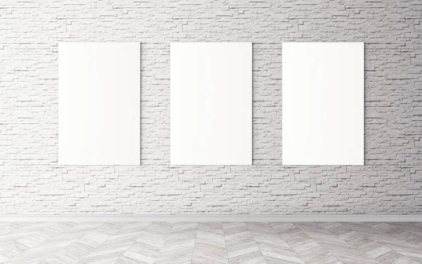 Duvardaki boş beyaz tuvaller. Tasarım önizlemeniz için bir model. Reklam malzemeleri için iyi bir kullanım.