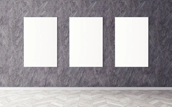 Duvardaki boş beyaz tuvaller. Tasarım önizlemeniz için bir model. Reklam malzemeleri için iyi bir kullanım.