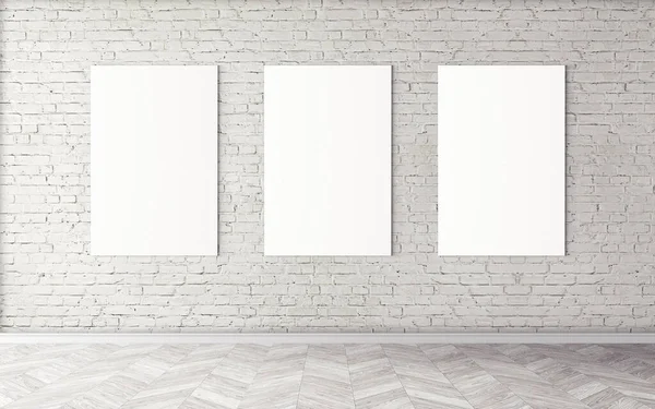 Duvardaki boş beyaz tuvaller. Tasarım önizlemeniz için bir model. Reklam malzemeleri için iyi bir kullanım.