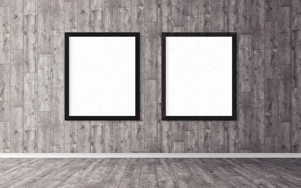 Duvarında çerçeve olan beyaz posterler. Tasarım ön gösterimi için hazırlan. Reklam malzemeleri için iyi bir kullanım.