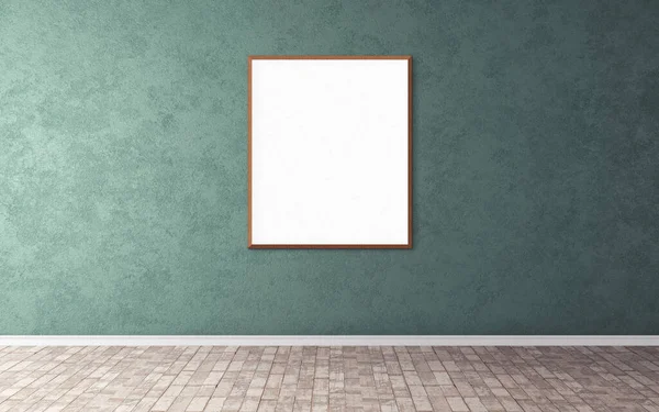 Duvarında çerçeve olan beyaz boş bir poster. Ön gösterim için boş maket. Sunum için iyi kullanım.