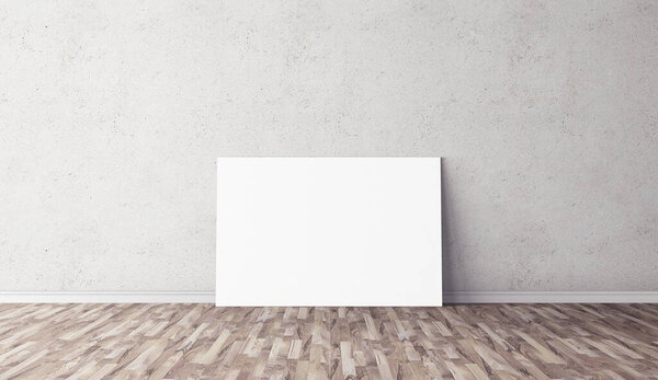 White horizontal canvas on floor. Blank mockup for you design. Good use for advertasing.