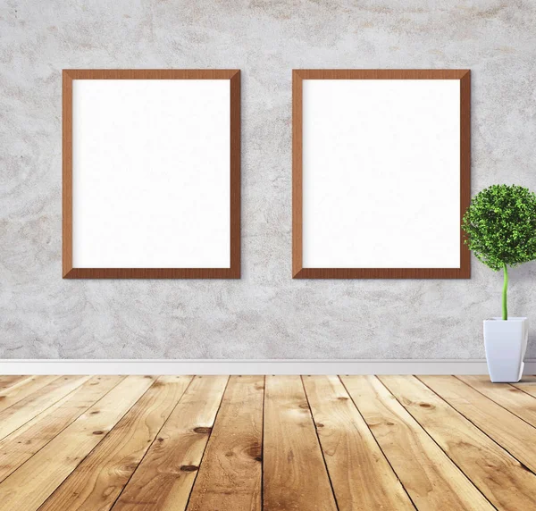 Duvarında çerçeve olan beyaz posterler. Tasarım ön gösterimi için hazırlan. Reklam malzemeleri için iyi bir kullanım.