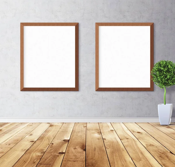 Duvarında çerçeve olan beyaz posterler. Tasarım ön gösterimi için hazırlan. Reklam malzemeleri için iyi bir kullanım.