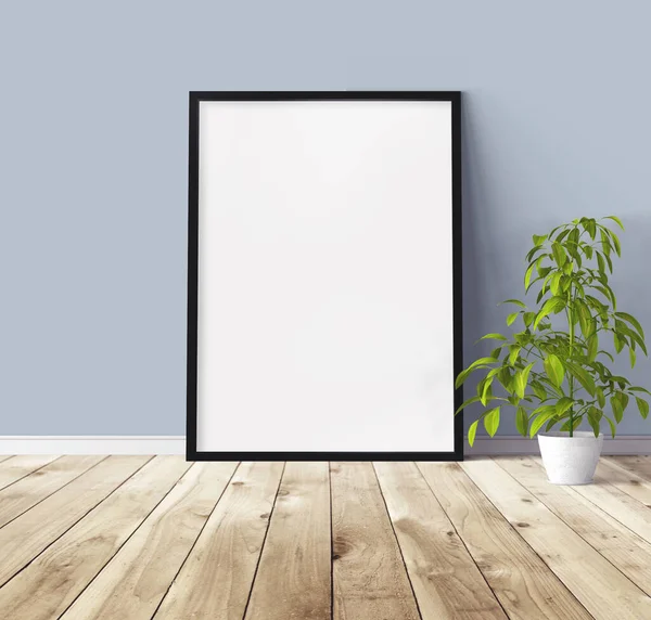 Yerde duran siyah ahşap çerçeveli beyaz dikey poster. Tasarım için şablon.