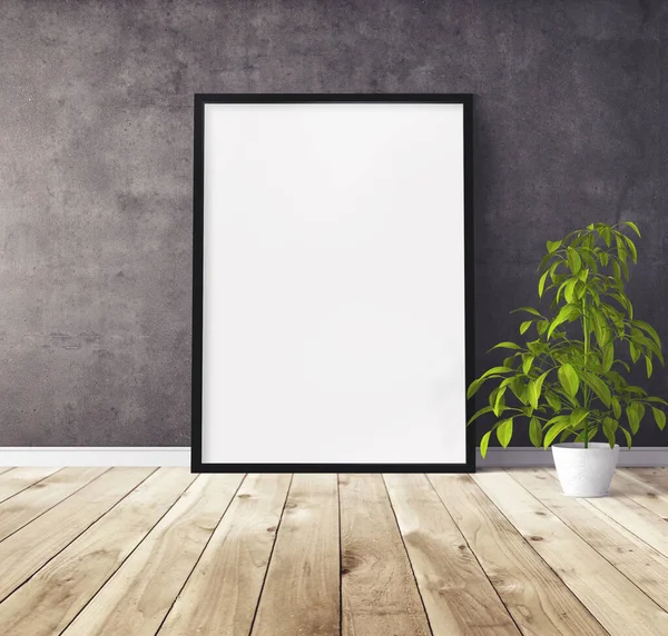 Poster Vertikal Putih Dengan Bingkai Kayu Hitam Berdiri Lantai Templat — Stok Foto