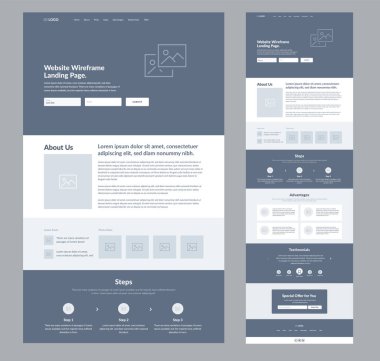 İş için site iniş sayfası tasarımı. Bir sayfa sitesi kablo düzenleme şablonu. Modern düz UX / UI site geliştirme. Tepkili web sayfası tasarım kavramı.