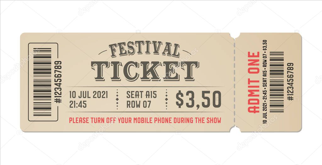 Festival ticket template design. Retro style of ticket for entrance. Vector vintage ticket for festival, event, party, cinema, theater, concert, play.
