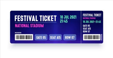 Festival bileti şablonu. Giriş için modern stil bilet tasarımı. Festival, etkinlik, parti, sinema, tiyatro, konser, oyun için vektör bileti.