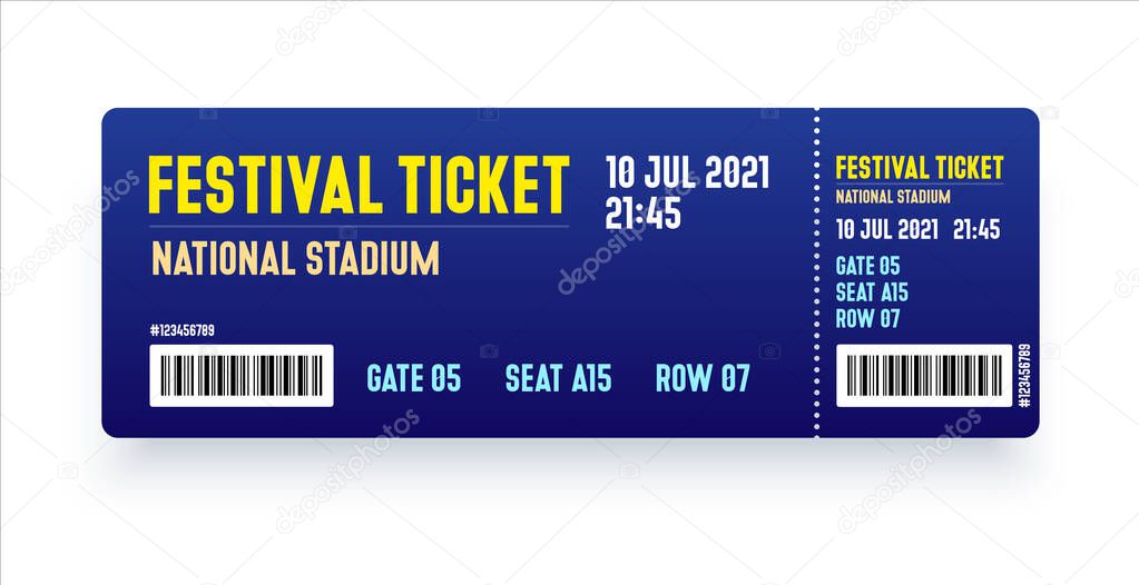 Festival ticket template. Modern style ticket design for entrance. Vector ticket for festival, event, party, cinema, theater, concert, play.