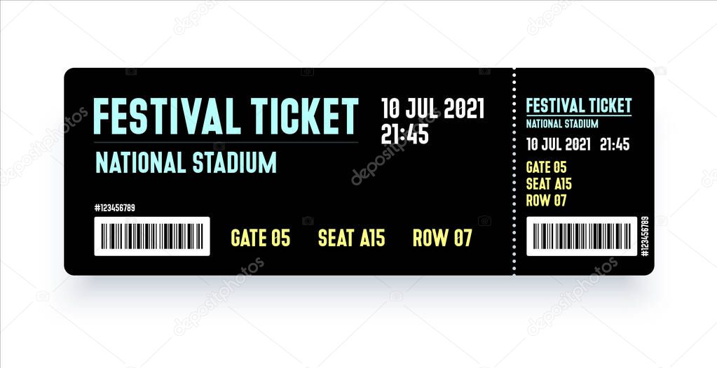 Festival ticket template. Modern style ticket design for entrance. Vector ticket for festival, event, party, cinema, theater, concert, play.