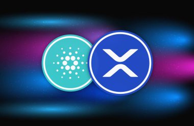 cardano-ada  and  ripple-xrp virtual currency logo. 3d illustrations.