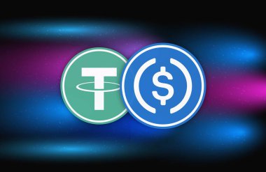 Dijital arkaplanda bağlayıcı-usdt ve USDC sanal para birimi görüntüsü. 3d illüstrasyon.