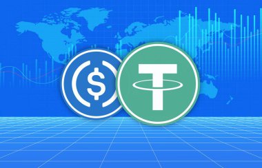 Dijital arkaplanda bağlayıcı-usdt ve USDC sanal para birimi görüntüsü. 3d illüstrasyon.